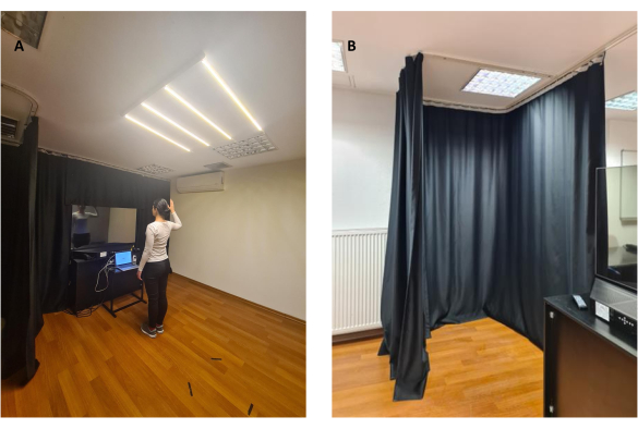 Photometric study setup with LED lighting; room calibration process; optical analysis environment.
