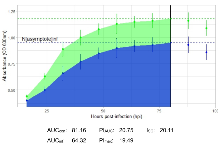 Absorbance growth curve graph with data analysis results for infection study at different time points.