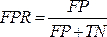 Formula del tasso di falsi positivi, FPR=FP/(FP+TN), analisi statistica, equazione.