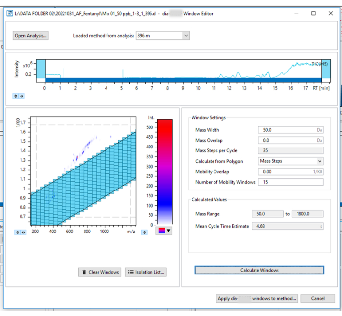 figure-results-2 Mass spectrometry data analysis software interface showing chromatogram and mobility window settings.