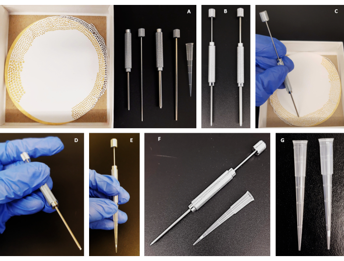 TLC chromatography setup with capillary tubes, spotters, and plate for compound separation.