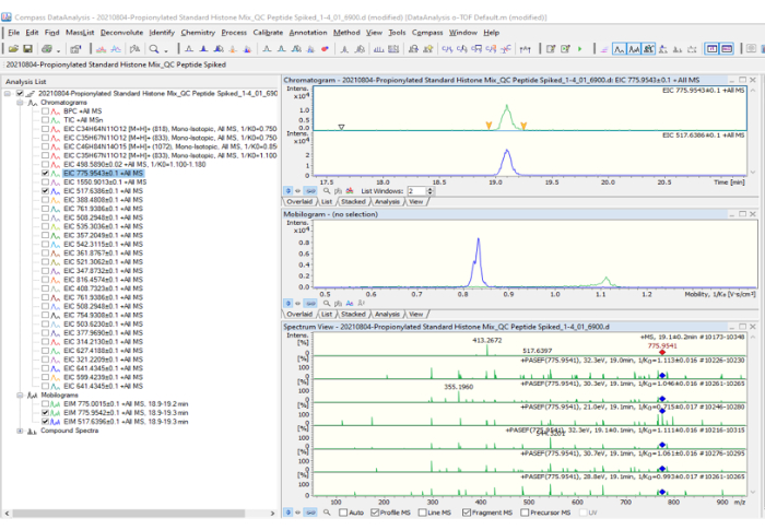 Mass spectrometry data analysis; chromatogram, spectrum; peptide profiling, protein identification.