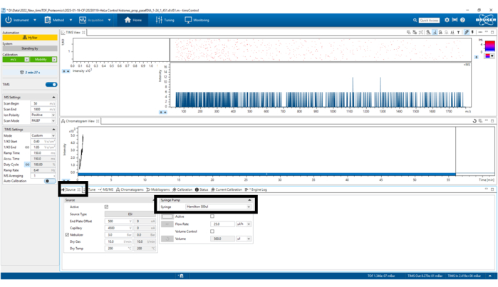 Chromatography software interface displaying spectral data, analysis settings for compound separation.