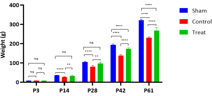 figure-results-4 Bar graph comparing weights in grams for Sham, Control, and Treat groups over five time points.