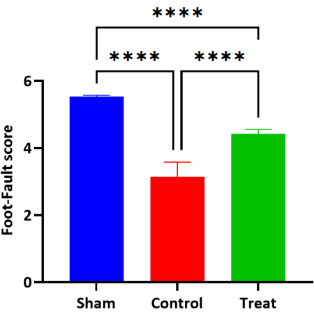 figure-results-6 Bar graph of foot-fault scores; comparison among Sham, Control, Treat; statistical significance.