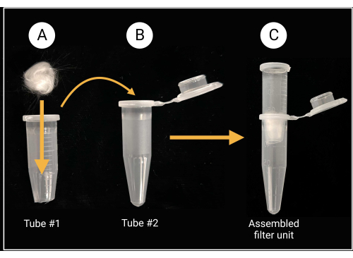 Assembly of filtration unit using centrifuge tubes; step-by-step diagram of filter setup process.