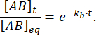 Chemical kinetics equation in a diagram showing concentration decay over time: [AB]_t/[AB]_eq = e^-kb*t.