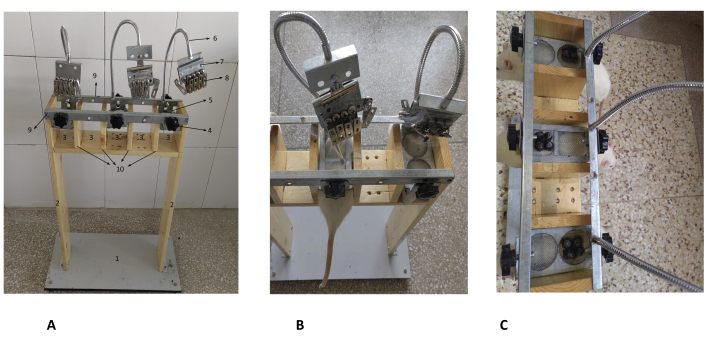 figure-results-1 Static equilibrium experiment setup, demonstrating a balance system; includes detailed numbered parts.