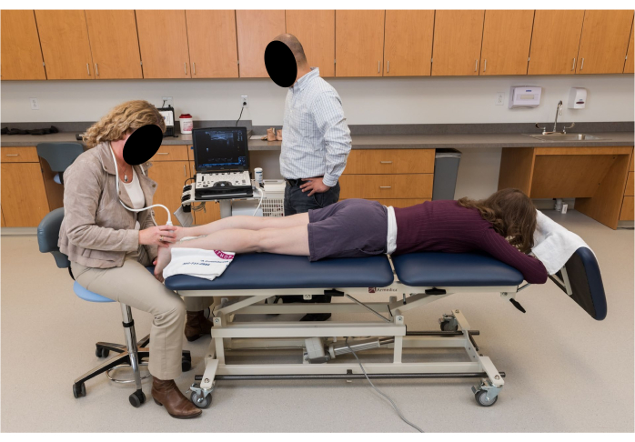 Physical therapy session with ultrasound machine; patient on table, therapist using ultrasound probe.