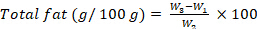 Total fat content formula, \(Total \, fat \,(g/100 \, g) = \frac{W_3-W_1}{W_2} \times 100\), equation.