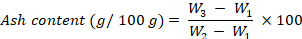 Ash content formula; equation for determining ash percentage in samples; scientific calculation.