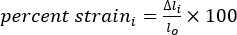 Percent strain equation; Δli divided by lo times 100; formula; materials stress analysis.