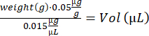 Equation for solution concentration calculation; shows ratio weight/volume in microliters (μL).