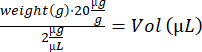 Mathematical formula for volume calculation in micrograms per microliter experiment.