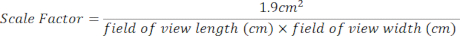 Scale factor equation, \( \text{Scale Factor} = \frac{1.9 \, \text{cm}^2}{\text{field of view length (cm)} \times \text{width (cm)}} \), calculation formula.
