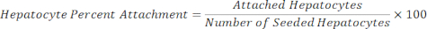 Hepatocyte attachment formula, calculating percent attachment, equation for cell biology analysis.