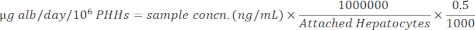 Formula for albumin production rate calculation; equation showing concentration and hepatocytes.