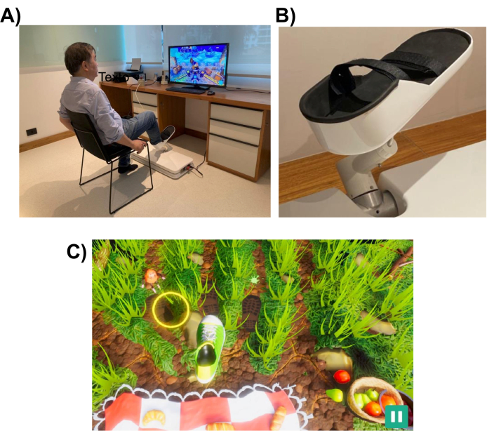 Interactive gaming with foot-operated controller setup; virtual environment engagement.