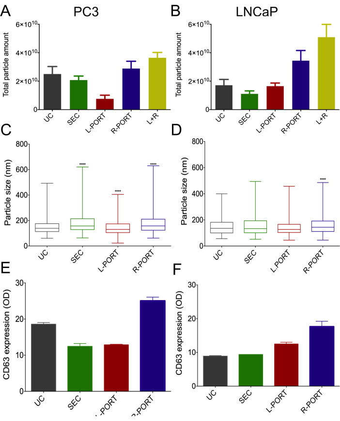 figure-results-5 Bar and box charts of particle amount, size, CD63 expression across methods; PC3, LNCaP cells.