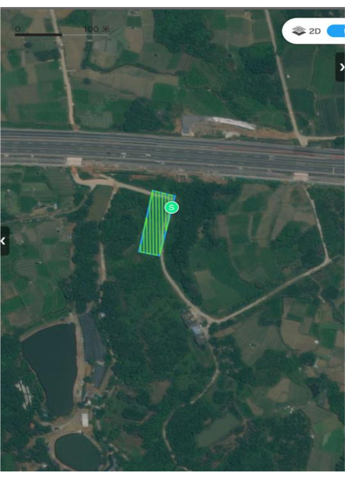 Aerial map showing land parcel division for geographical analysis, displaying road and field patterns.