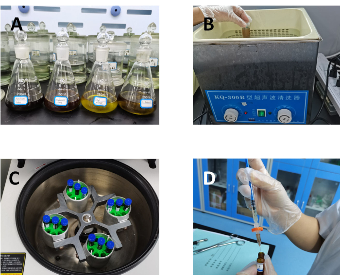 Chemical process setup: flasks, ultrasonic cleaner, centrifuge, pipetting samples for analysis.