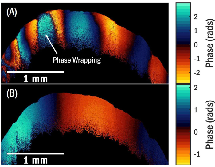 Phase wrapping comparison in phase analysis graph; color coded by phase radians.