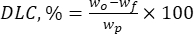 Drug loading content formula, \(DLC\% = \frac{(w_o - w_f)}{w_p} \times 100\), chemical analysis.