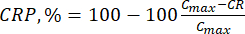 CRP percentage formula for concentration analysis, showing equation CRP, % = 100 - 100(Cmax-CR)/Cmax.