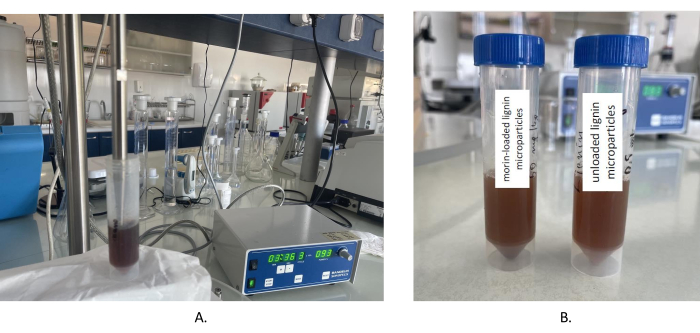 Lignin microparticles, centrifuge setup A and sample tubes B, for nanoparticle analysis.
