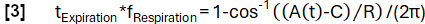 Equation of respiratory cycle timing, \( t_{\text{Expiration}} \ast f_{\text{Respiration}} = 1 - \cos^{-1} \left( \frac {(A(t) - C)/R}{2\pi}\right) \).