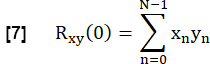 Cross-correlation equation Rxy(0)=Σxₙyₙ, formula for signal processing, mathematical expression.