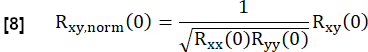 Correlation normalization formula: Rxy,norm(0) = Rxy(0)/√(Rxx(0)Ryy(0)), statistical analysis.