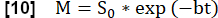 Exponential decay formula M=S₀*exp(-bt), mathematical expression.