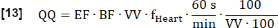 Cardiac output equation; formula; QQ=EF·BF·VV·f_Heart; educational physics diagram.