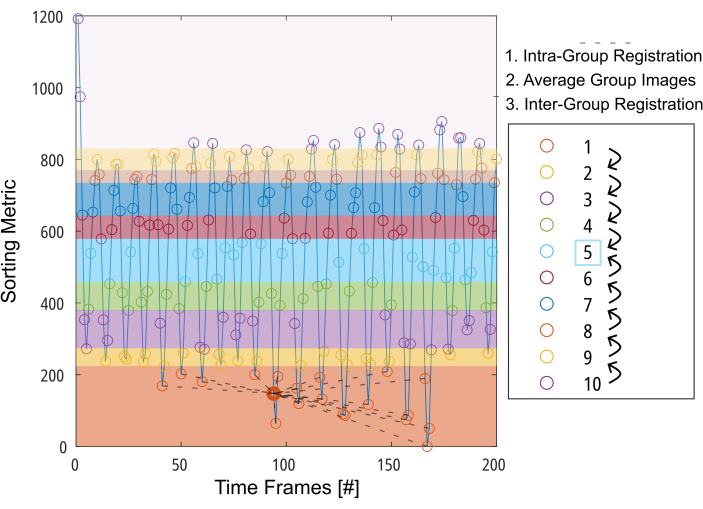 Sorting metric graph over time frames; data analysis and group registration comparison chart.