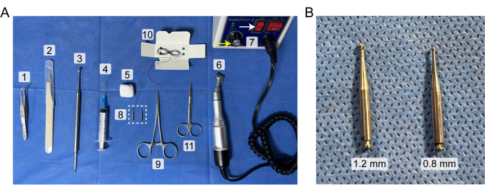 Surgical tool setup with dental handpiece for microsurgical procedures, showing various instruments.