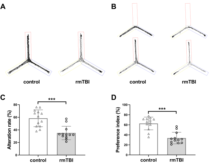 figure-results-5 Y-maze task results; control vs rmTBI; alteration rate, preference index; analysis graphs.