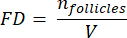 Follicle density equation FD=nfollicles/V; diagram for biological data analysis.