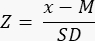 Standard score formula, Z = (x - M) / SD, equation for statistical analysis.