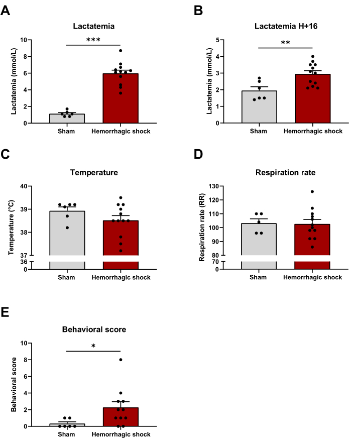 Bar charts illustrating effects of hemorrhagic shock on lactatemia, temperature, respiration, behavior.