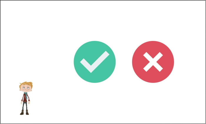 Green check and red cross symbols conveying correct and incorrect concepts with cartoon character.