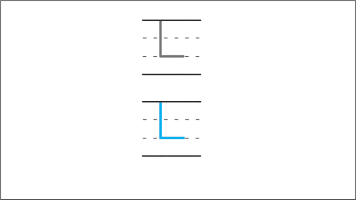Handwriting practice lines, uppercase and lowercase 'L' diagram, educational writing aid.