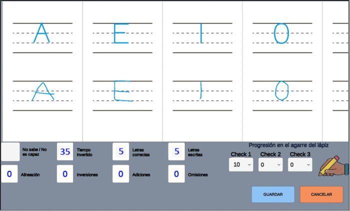 Handwriting assessment diagram with letter tracing analysis and progress tracking interface.