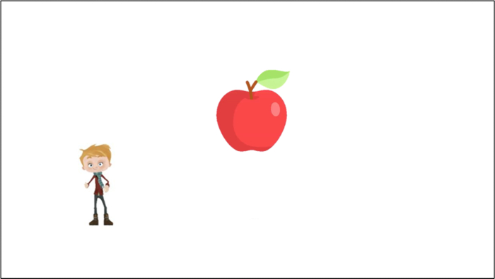 Cartoon boy with apple symbol; basic gravity concept illustration.