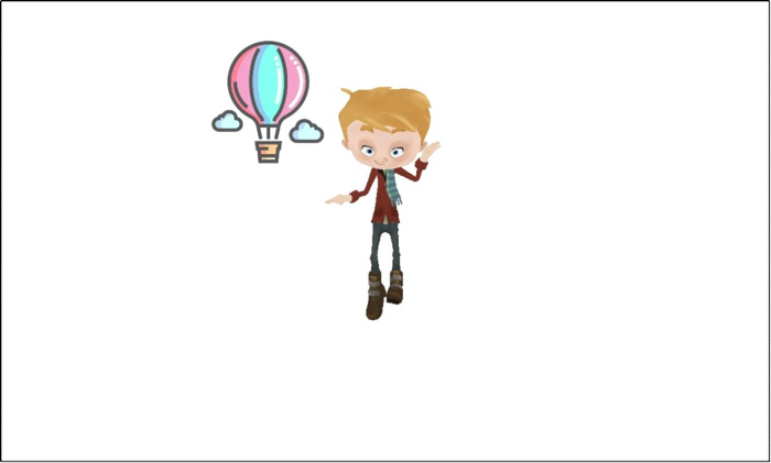 Cartoon illustration of a boy with a balloon and clouds, depicting creative storytelling concept.