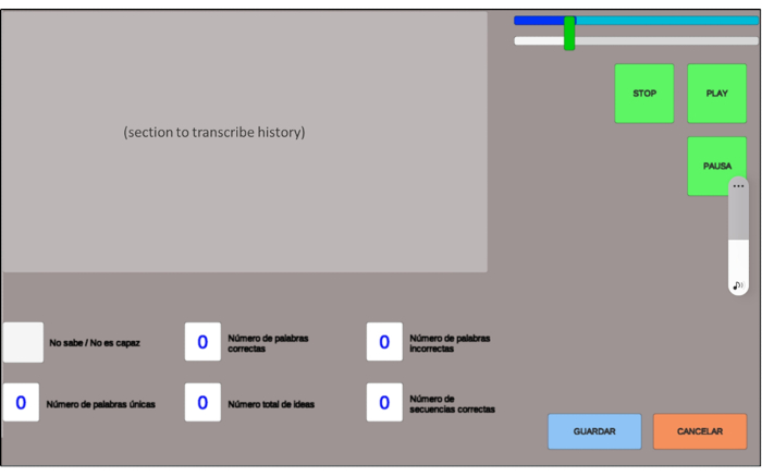 Transcription software interface showing play/pause controls and data entry fields.