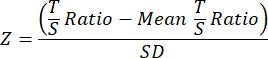 Z-score formula, statistical equation, analyzing variation, mean ratio difference, standard deviation.