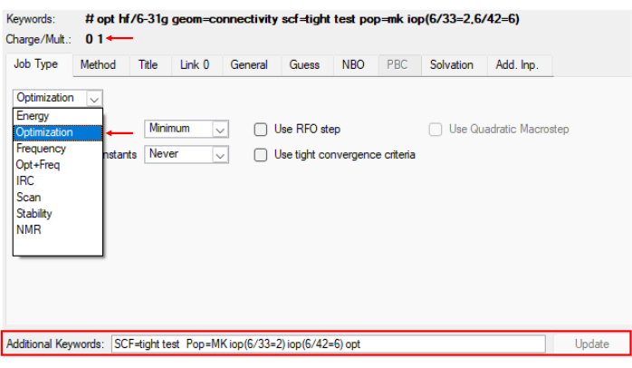 Gaussian software setup for molecular optimization using SCF and iop settings; charge, method inputs.