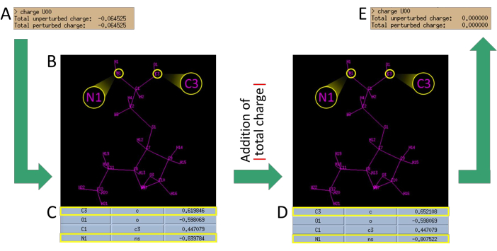 Molecular structure analysis, charge distribution diagram, chemical bonds, electron density changes.