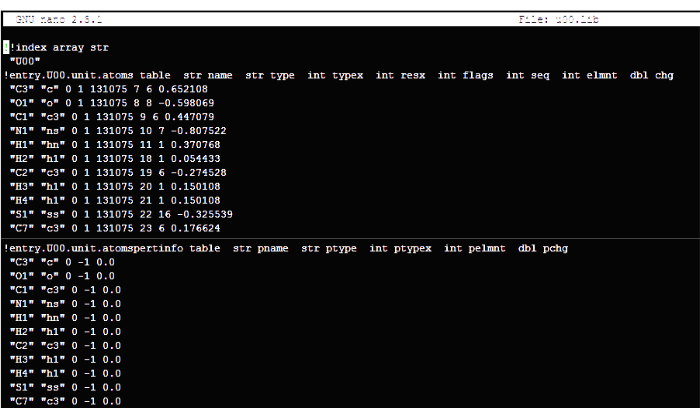 GNU nano terminal displaying atom parameters; C3, C1, N1 details for computational chemistry analysis.